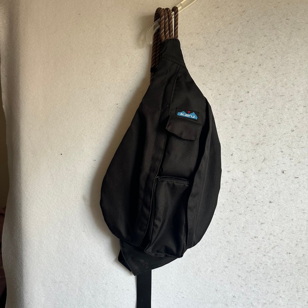 KAVU Rope Bag Black Canvas Sling Crossbody Backpack Brown Patterned Strap